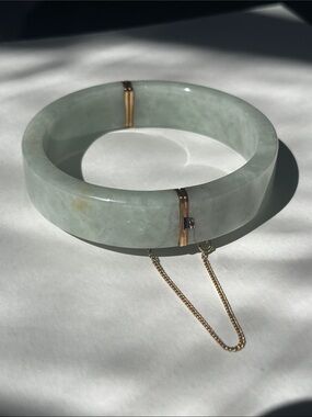 Seafoam Green Jade Bangle Bracelet with 14k Gold Accents